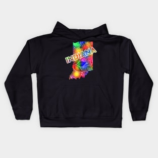 Colorful mandala art map of Indiana with text in multicolor pattern Kids Hoodie